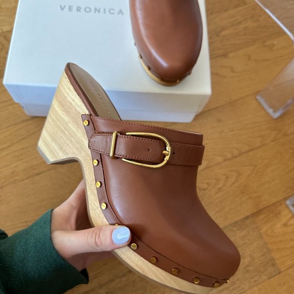 NWT Veronica Beard Hedrix Clog Woodgrain Platform Leather Buckle Sz 9 Hazelwood - Picture 8 of 14